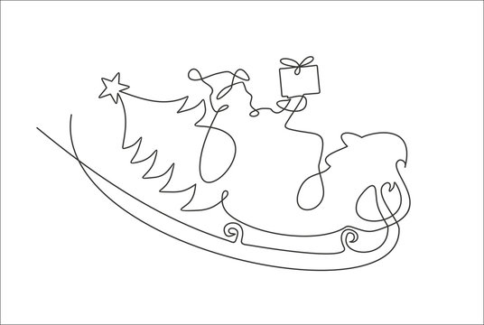 Santa claus on sleigh full of gifts and his reindeers one line art. Line illustration. Minimalist print. Black and white.. Happy new year decoration. Merry christmas holiday. New year and xmas.