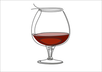 Glass of cognac or brandy continuous one line drawing minimalism design isolated on white background