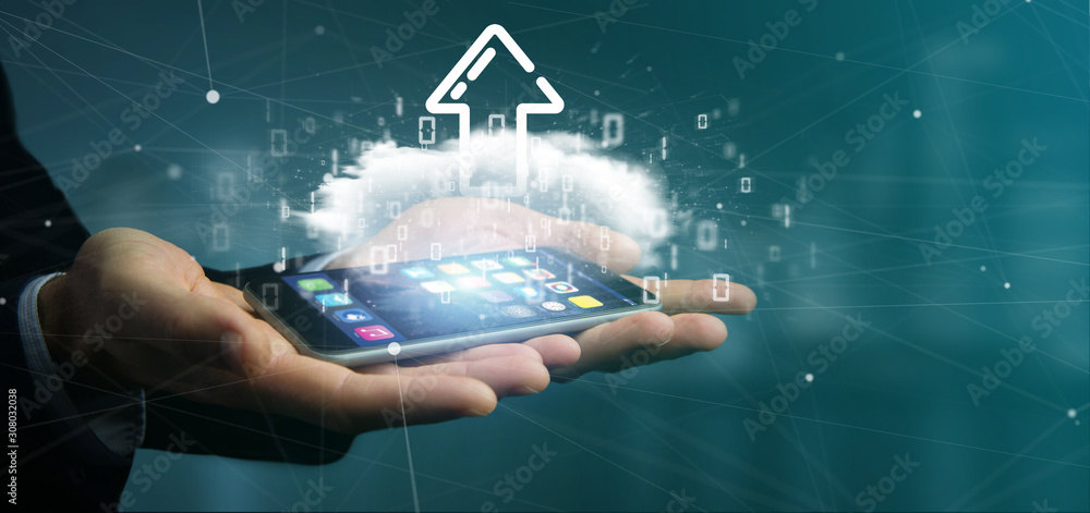 Poster businessman holding a binary cloud with upload internet arrow 3d rendering