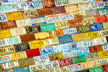 St Elmo, CO, USA - Old Colorful American USA License Plate Car Registration Tags from Different...