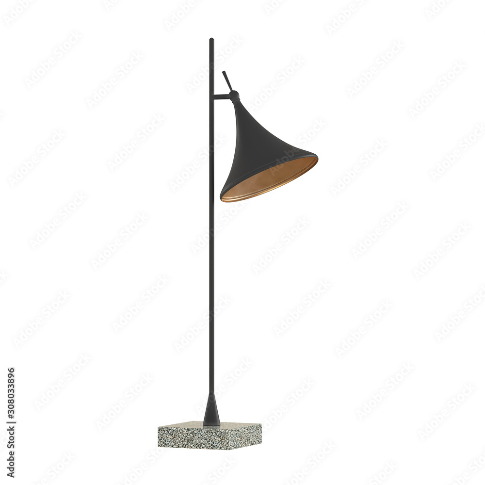 Poster table lamp with a black lampshade with a white metal leg on an isolated background. 3d rendering