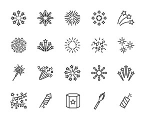 Vector set of firework line icons. Contains icons of firecracker, sparkler, salute, petard, firework box and more. Pixel perfect, scalable 24, 48, 96 pixels.
