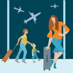 girl is standing near the suitcase at the airport, behind are the father and son on the background of airplanes flying outside the window, color vector illustration