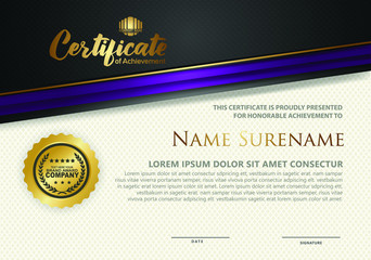 Fototapeta premium Certificate template with luxurious black and golden and colorful line ornament textured background, diploma, Vector illustration