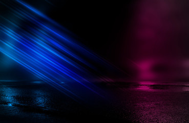 Empty background scene. Dark street reflection on wet asphalt. Rays of neon light in the dark, neon figures, smoke. Background of empty stage show. Abstract dark background.