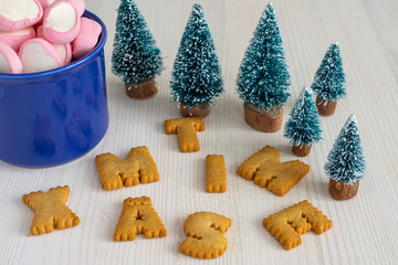 Top view of cookies forming the words xmas time, cup with chocolate, marshmallow and Christmas trees on white background, horizontal