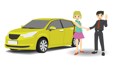 ฺBusinessman congratulates a female car buyer. Small yellow car on isolated white background.