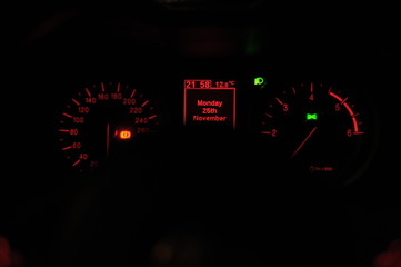 Car speedometer dashboard at nights
