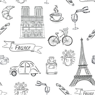 set of travel icons. France, paris , eiffel tower, wine vector seamless pattern on white background . Concept for print, textile, cards 