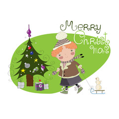 Boy with sled and snowman. Christmas. Winter