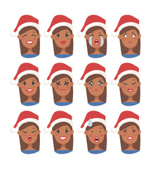 Drawing emotional african american character with Christmas hat. Cartoon style emotion icon. Flat illustration girl avatar with different facial expressions. Hand drawn vector emoticon women faces