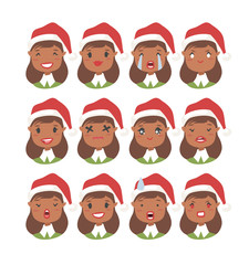 Drawing emotional african american character with Christmas hat. Cartoon style emotion icon. Flat illustration girl avatar with different facial expressions. Hand drawn vector emoticon women faces