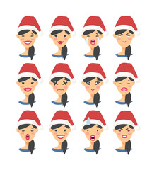Set of drawing emotional asian character with Christmas hat. Cartoon style emotion icon. Flat illustration girl avatar with different facial expressions. Hand drawn vector emoticon women faces