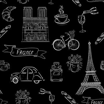 vintage travel , fashion , france, paris, eiffel tower white vector seamless pattern on black background. Concept for print, web design, cards, textile 