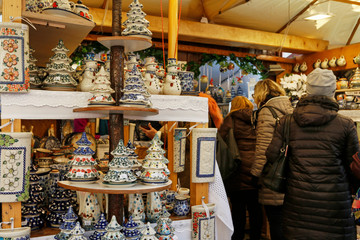 KRAKOW, POLAND - DECEMBER 05, 2019:  Artistic porcelain products, regional handicrafts, at the Christmas market