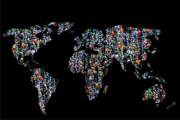 Roughly outlined world map with colorful beads filling