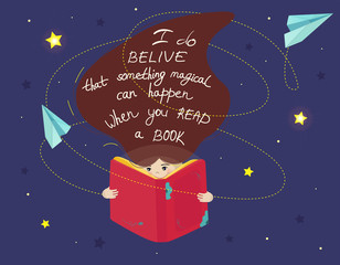 Concept illustration of earning, distance studying and self education. Book festival poster concept of a small character reading a book. Vector illustration flat design