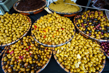 Olives for sale at food market