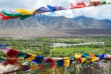 Ladakh, India - Jun 30 2019 - Beautiful scenic view from Spituk Monastery in Leh, Ladakh, Jammu and Kashmir, India. The Monastery was originally built in 11th century.