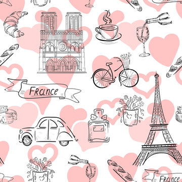hand drawn , fashion, travel, france , paris vector seamless pattern on white background . Concept for print, web design, cards 