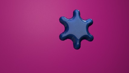 Obraz premium Big inflatable Snowflake in the shape of an asterisk with a metallic classic blue coating, color of the year 2020 against a background of crimson brushed metal background, place for text, 3D rendering