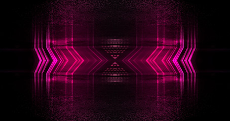 Empty background scene. Dark street reflection on wet asphalt. Rays of neon light in the dark, neon figures, smoke. Background of empty stage show. Abstract dark background.