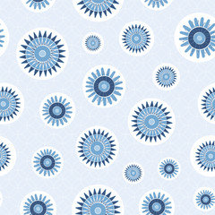 Vector Blue Flowers in White Circles Scattered on a Light Blue Background. Background for textiles, cards, manufacturing, wallpapers, print, gift wrap and scrapbooking.