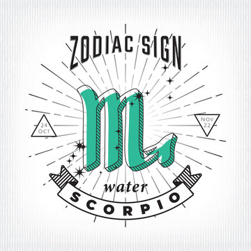Zodiac Sign Scorpio Logo and Water Lettering with Scorpio Constellation Stars and Dates over Rays Circle - Black on White Striped Background - Vintage Graphic Design