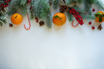 Christmas frame with snowy fir branches,Christmas candy canes,tangerines,anise stars on white background.Top view.