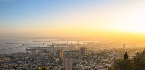 Fototapeta na wymiar View from the Mount Carmel to City of Haifa, Harbour and Industrial Zone. Early Morning Landscape.