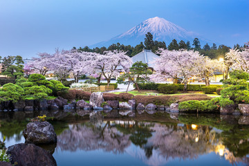 Fujinomiya, Shizuoka, Japan with Mt. Fuji and temples in spring season.