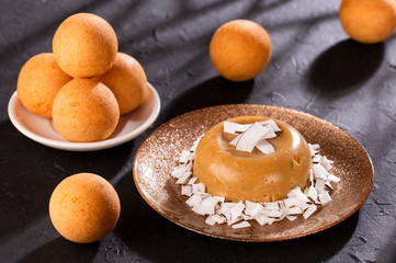 Natilla and buñuelos traditional Colombian cuisine