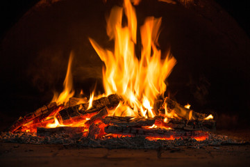 Fire and firewood in a fireplace
