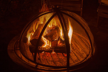 Spark screen on a fire pit with burning logs.