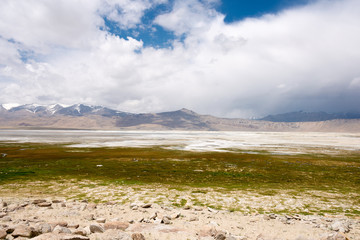 Ladakh, India - Jul 12 2019 - Tso Kar Lake in Ladakh, Jammu and Kashmir, India.  is a fluctuating salt lake situated in the Rupshu Plateau and valley in the southern part of Ladakh in India.
