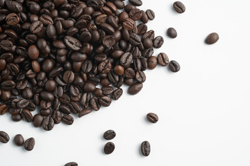 pile black coffee bean top view with white background