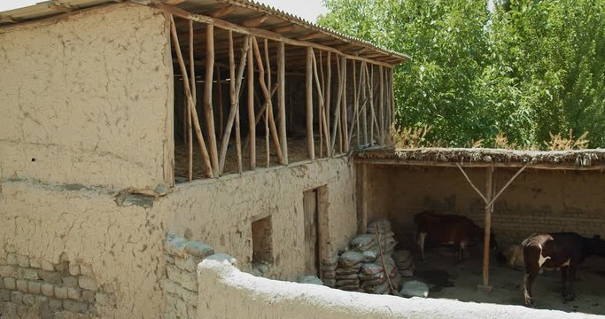 Сlay cowshed house in Fergana Valley Uzbekistan Central Asia