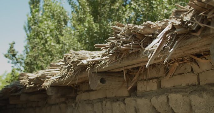 Clay (adobe) wall with reed roof in Fergana valley nearby the Andijan city Uzbekistan. Close up moving shot.