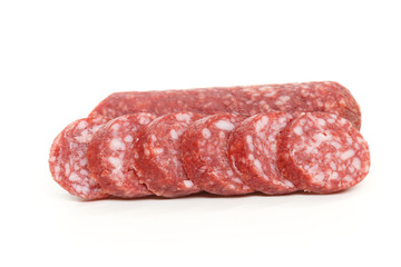 smoked salami sausage on a white background