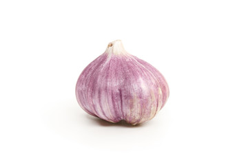 head of pink garlic on a white background