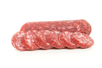 smoked salami sausage on a white background