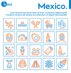 Mexico items color linear icons set