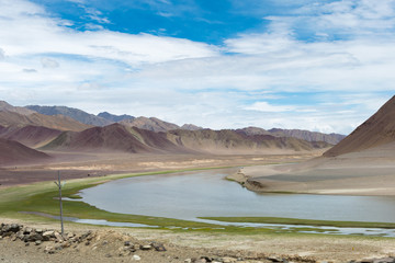 Fototapeta na wymiar Ladakh, India - Jul 13 2019 - Indus River view from Between Maha and Nyoma in Ladakh, Jammu and Kashmir, India.
