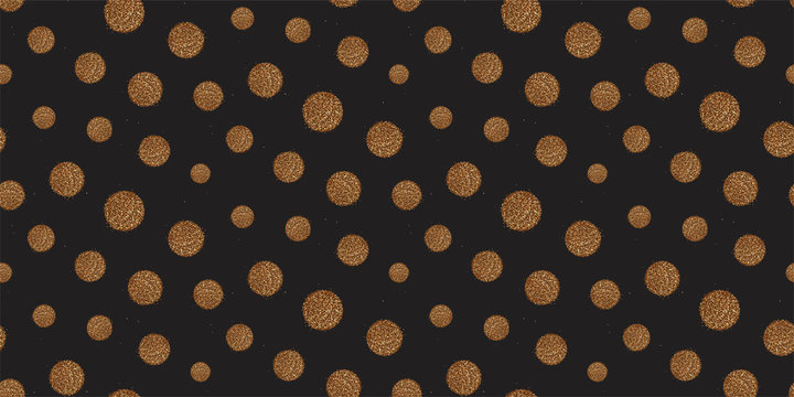 Gold circles on a black background. Abstract geometric pattern. Polka dot print, ornament with gilter effect. A seamless vector texture. Modern luxury design,  template for paper, cover, fabric...