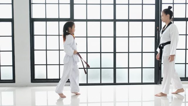 Young teacher of taekwondo and her student is acting of basic posture with white background and pattern. The text on belt and student mean taekwondo.