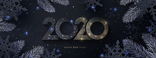 Fototapeta premium Happy New Year 2020 beautiful sparkling design of numbers on Dark elegant background with frame made of black snowflakes in paper cut style, beautiful fir branches and shining glitter. Minimal design.