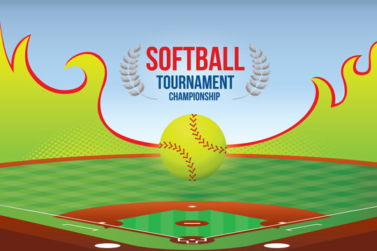 Vector of softball championship design with field background.