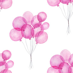 Hand drawn seamless pattern with watercolor pink balloons. Watercolor illustration. It can be used for wallpaper, fabric design, textile design, cover, wrapping paper, banner, card, background,