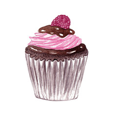 Watercolor illustration chocolate cupcake with pink cream and raspberry