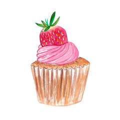 Watercolor illustration cupcake with pink cream and strawberry
